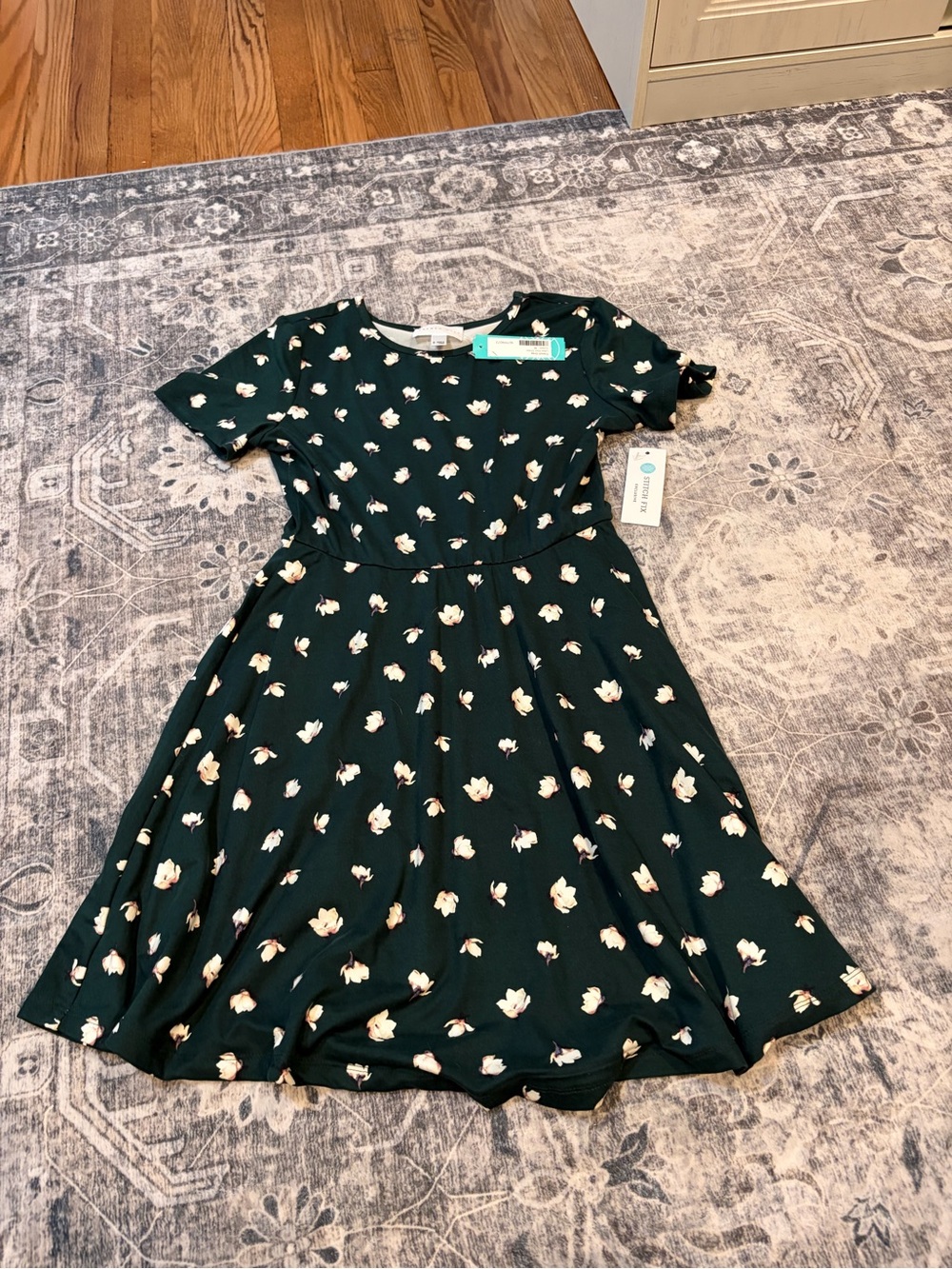 NWT stitch fix French Grey Forest Green Floral A-Line Mini Dress